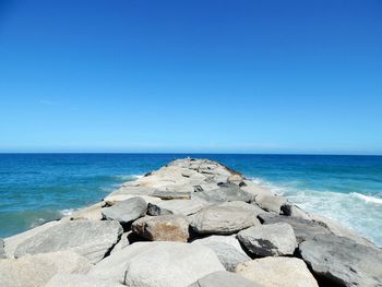 Scenic view of sea against clear blue sky