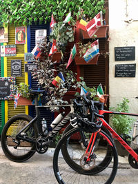 Bicycles parked on street in city