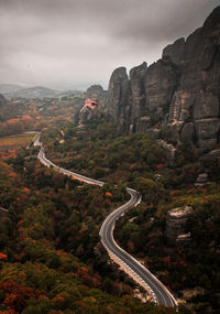 High angle view of road in meteora, greece, in autumn