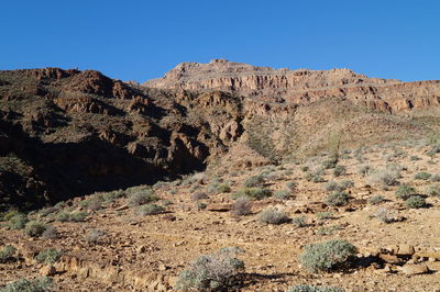 Scenic view of rocky mountains against clear blue sky