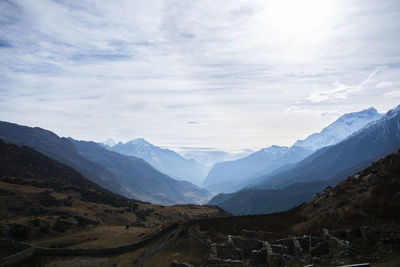 Scenic view of mountains against cloudy sky