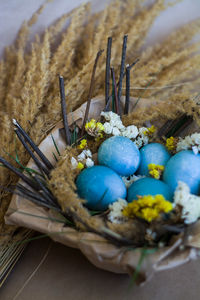 High angle view of eggs in basket