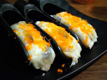 Close-up of sushi served in plate