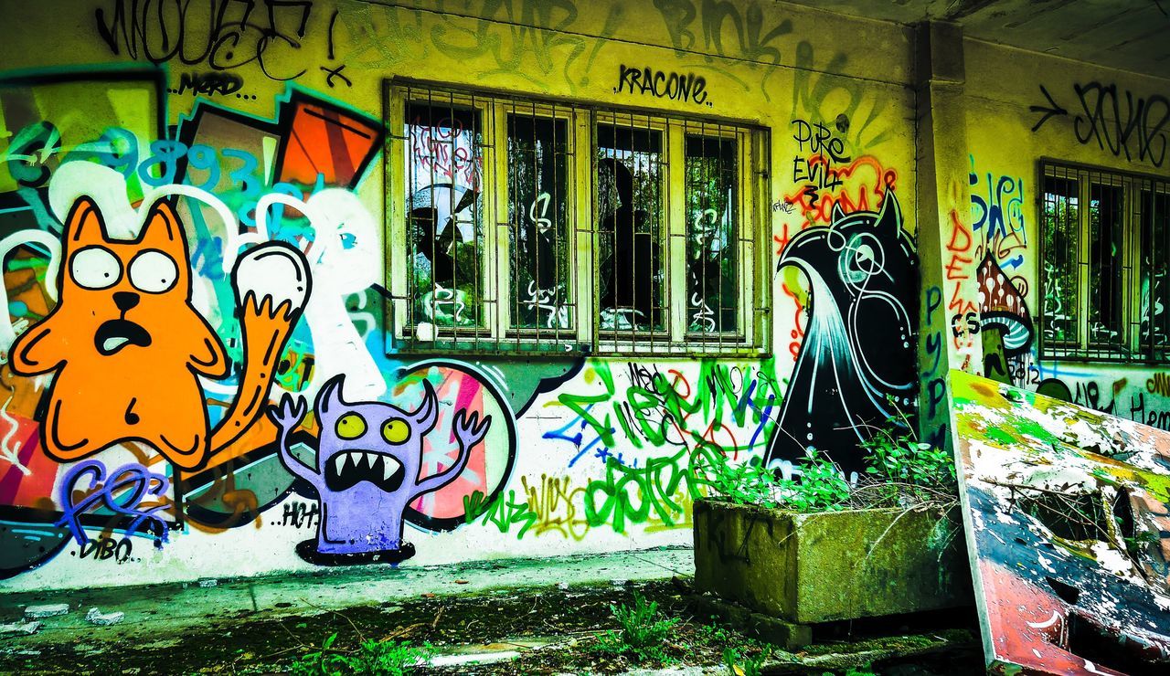 graffiti, art, art and craft, creativity, wall - building feature, multi colored, built structure, architecture, street art, wall, human representation, mural, indoors, building exterior, vandalism, no people, painting, day, abandoned, window