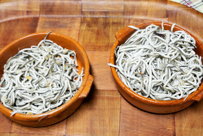Baby eels or substitute for elvers served in a ceramic dish. typical spanish '''tapas''' dish