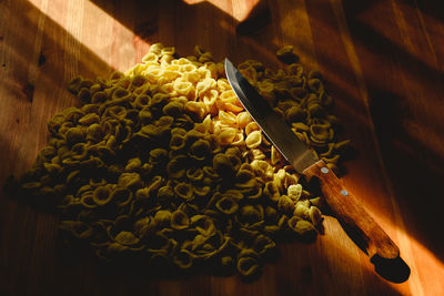 High angle view of chopped vegetables on table