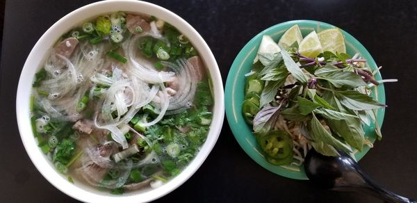 High angle view of salad in bowl on table