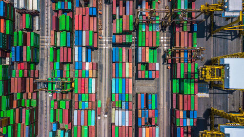 High angle view of container ship at commercial dock