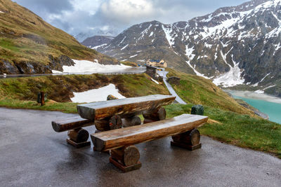 Scenic view of lake by snowcapped mountains against sky