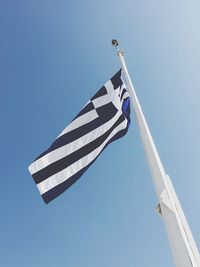 Low angle view of flags against clear blue sky