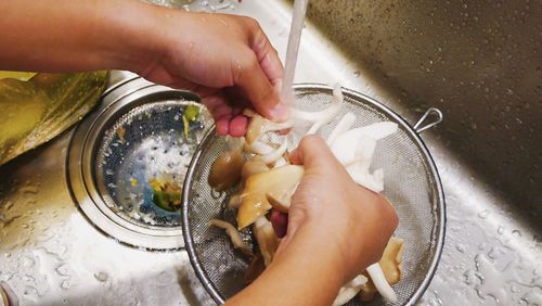 High angle view of person preparing food in kitchen