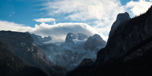 Panoramic view of snowcapped mountains against sky