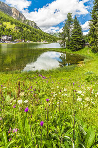 Scenic view of lake against cloudy sky