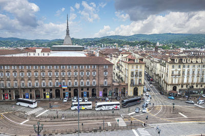 Aerial view of castello square in turin with beautiful historic building