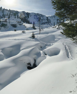 Snow covered landscape against sky