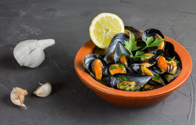 High angle view of food in bowl on table