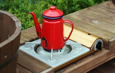 High angle view of red wine on table