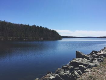 Scenic view of sea against clear blue sky