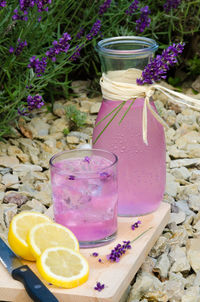 High angle view of pink drink by lemon on cutting board in back yard