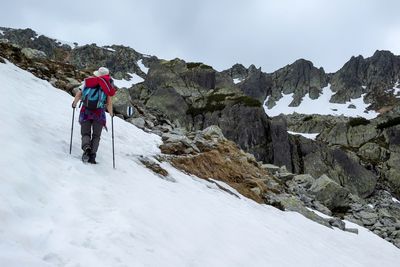 Rear view of person on snowcapped mountain against sky