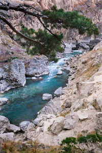 High angle view of river amidst rocks