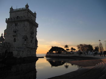 Reflection of building in water at sunset