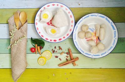 High angle view of breakfast on table