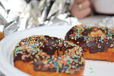 Close-up of donuts on plate