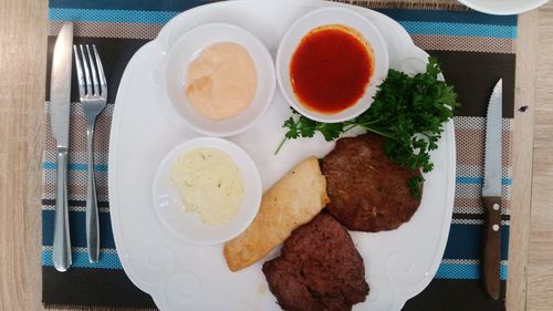 Directly above shot of breakfast served on table