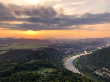 Aerial view of landscape against sky during sunset
