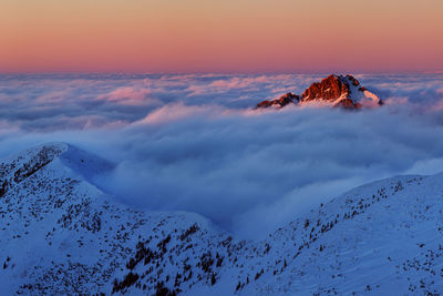 Scenic view of snowcapped mountains against sky during sunset