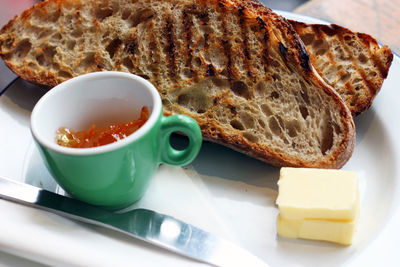 Close-up of breakfast on table