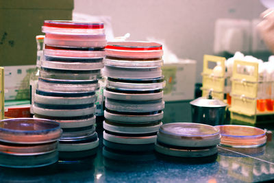 Close-up of containers on table at laboratory