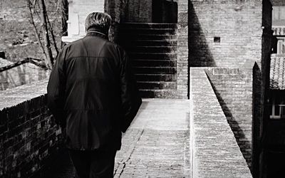 Rear view of man walking on staircase