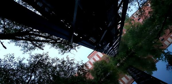 Low angle view of trees and buildings against sky