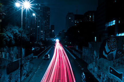 Light trails on road at night