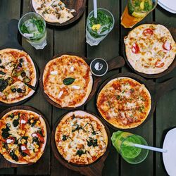 High angle view of pizza on table