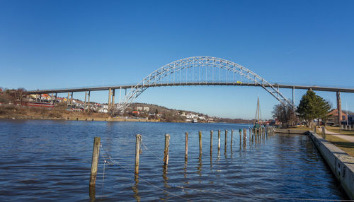 Bridge over river against clear blue sky