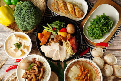 High angle view of  chinese  food on table