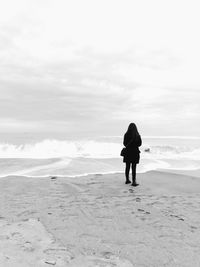 Rear view of man standing on beach against sky