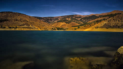 Scenic view of lake and mountains against sky