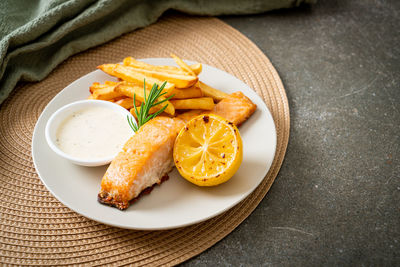 High angle view of food in plate on table