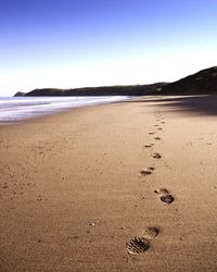 Shoe prints on sand at beach against sky