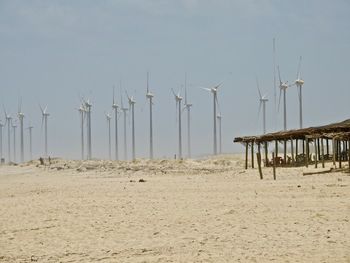 Wind turbines on beach against clear sky