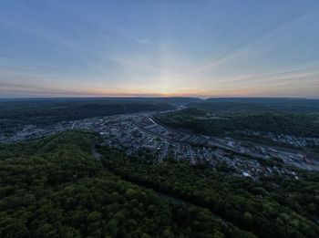 High angle view of cityscape against sky during sunset