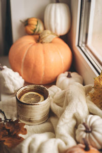 High angle view of pumpkins on table