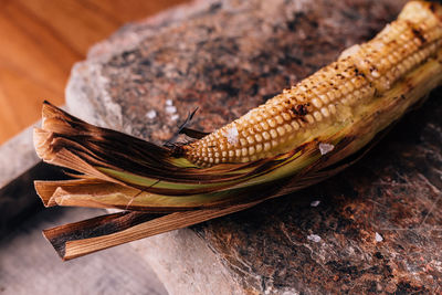 High angle view of leaf on table