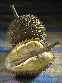 Close-up of durian on table