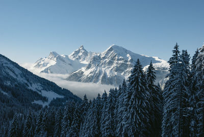 Scenic view of snow covered mountains against clear sky