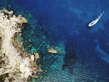 High angle view of sailboat in sea